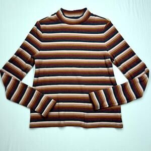 American Eagle Striped Waffle Knit Mock Neck Top Womens Medium M Brown Pink Blue